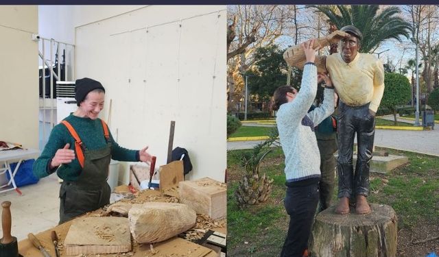 Sarah Hillebrecht, selam veren ahşap heykelini onarmak için Almanya'dan Kocaeli'ne geldi.